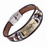 Drop Shipping Hot Selling Europe Fashion 12 zodiac signs Bracelet With Stainless Steel Clasp Leather Bracelet for Men XY17018